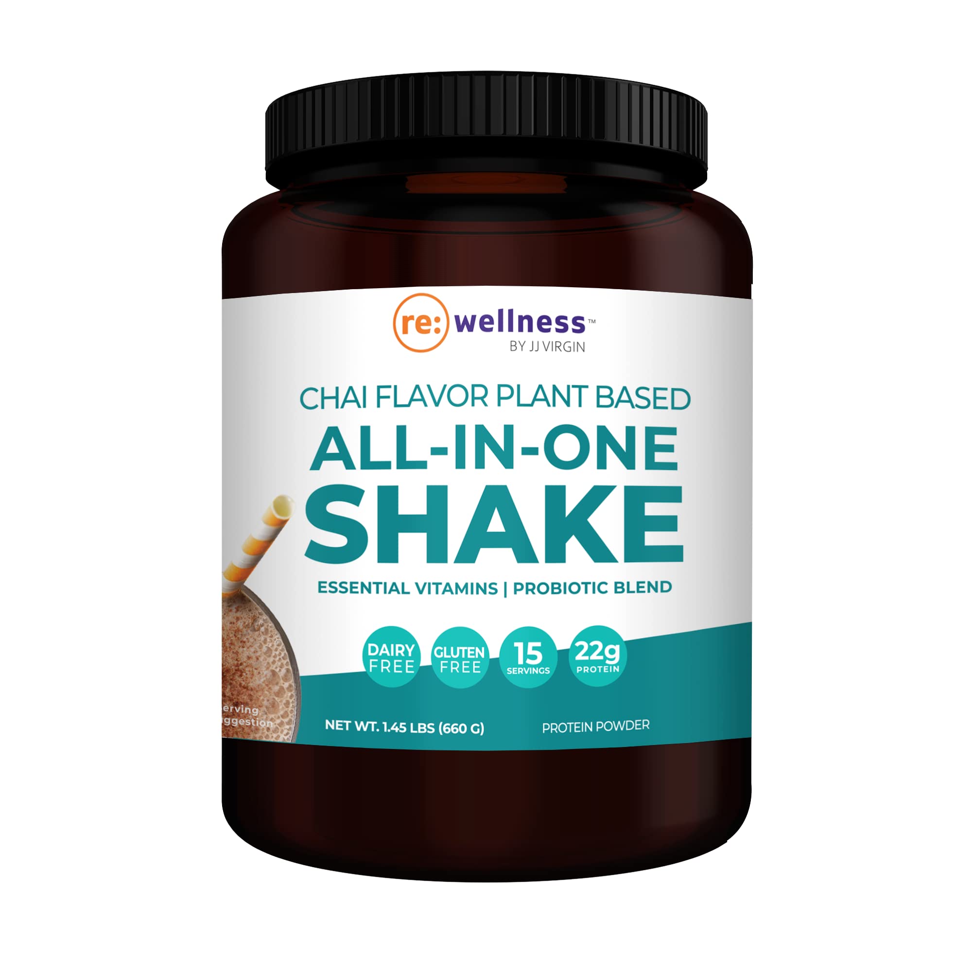 Reignite Wellness by JJ Virgin Chai Plant Based All in 1 Shake - Chia, Chlorella, Pea Protein Powder - Contains Essential Vitamins & Probiotic Blend to Support Immunity + Gut Health (15 Servings)