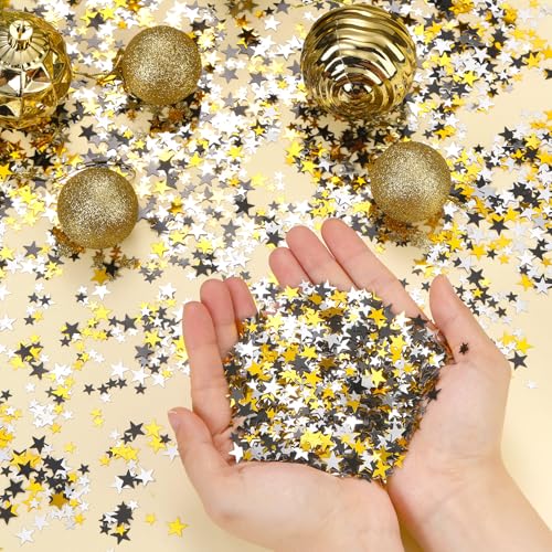Image of HESTYA 60g star Confetti Glitter Star Table Confetti Metallic Foil Stars for Party Wedding Festival Decorations(Silver Gold Black,10mm and 6mm)