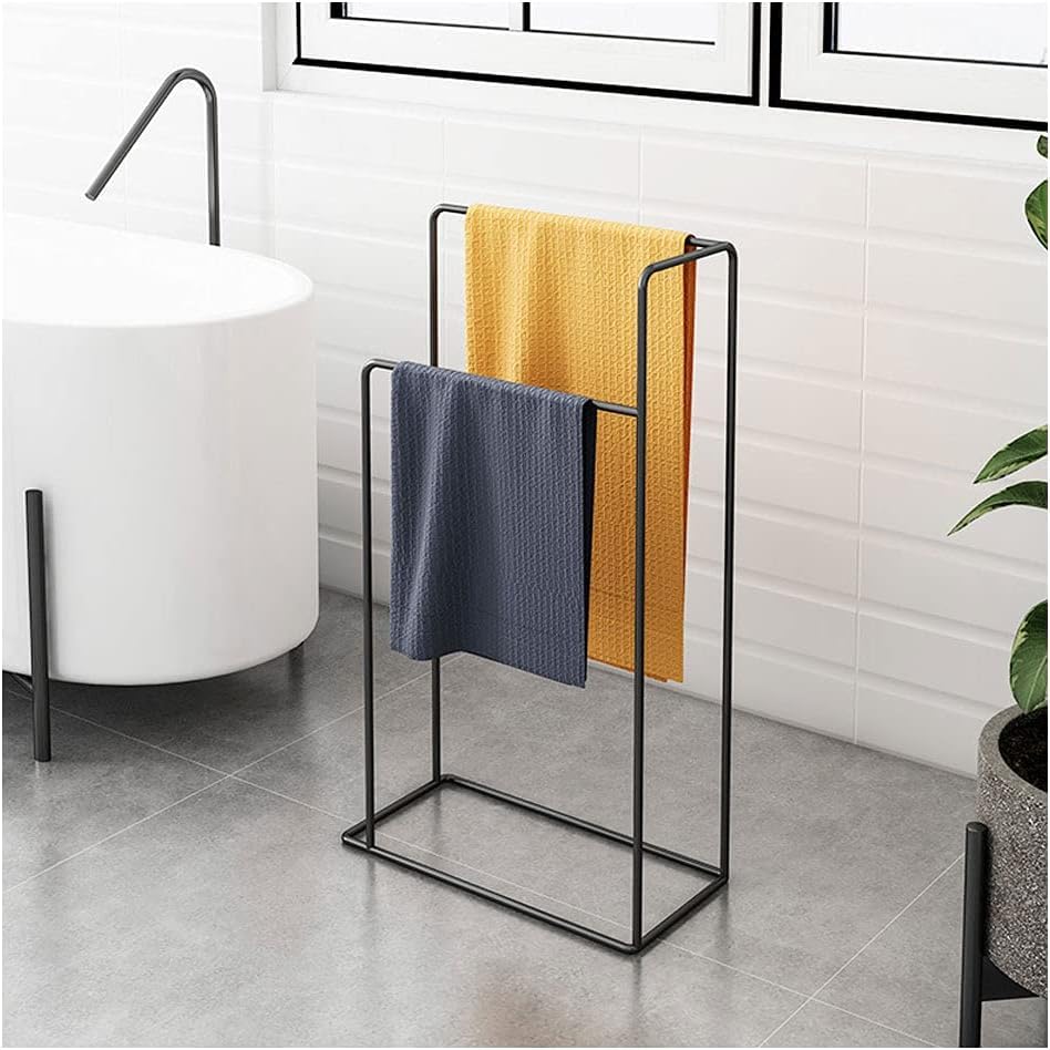Porte-serviettes sur pied noir avec étagère de rangement autoportante pour salle de bain