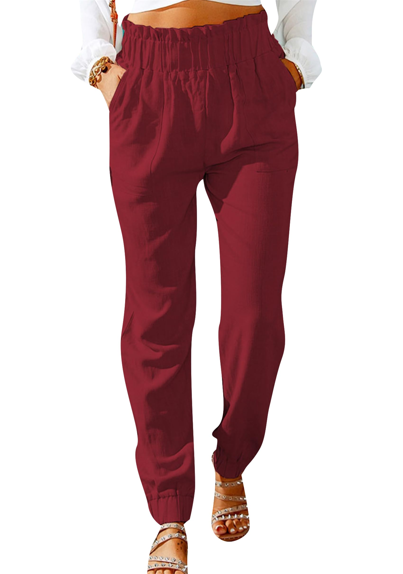 YMING Womens Plus Size Cropped Paper Bag Pants Ruffle Waist Elastic Pants Straight Casual Slacks Pants with Pockets