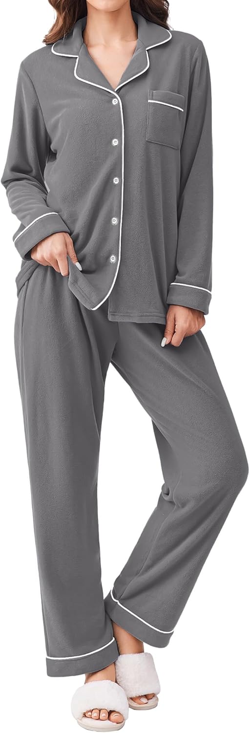 Women's Fleece Pajama Sets Long Sleeve Button Down Two-piece Sleepwear Soft Lounge Set Deep Grey
