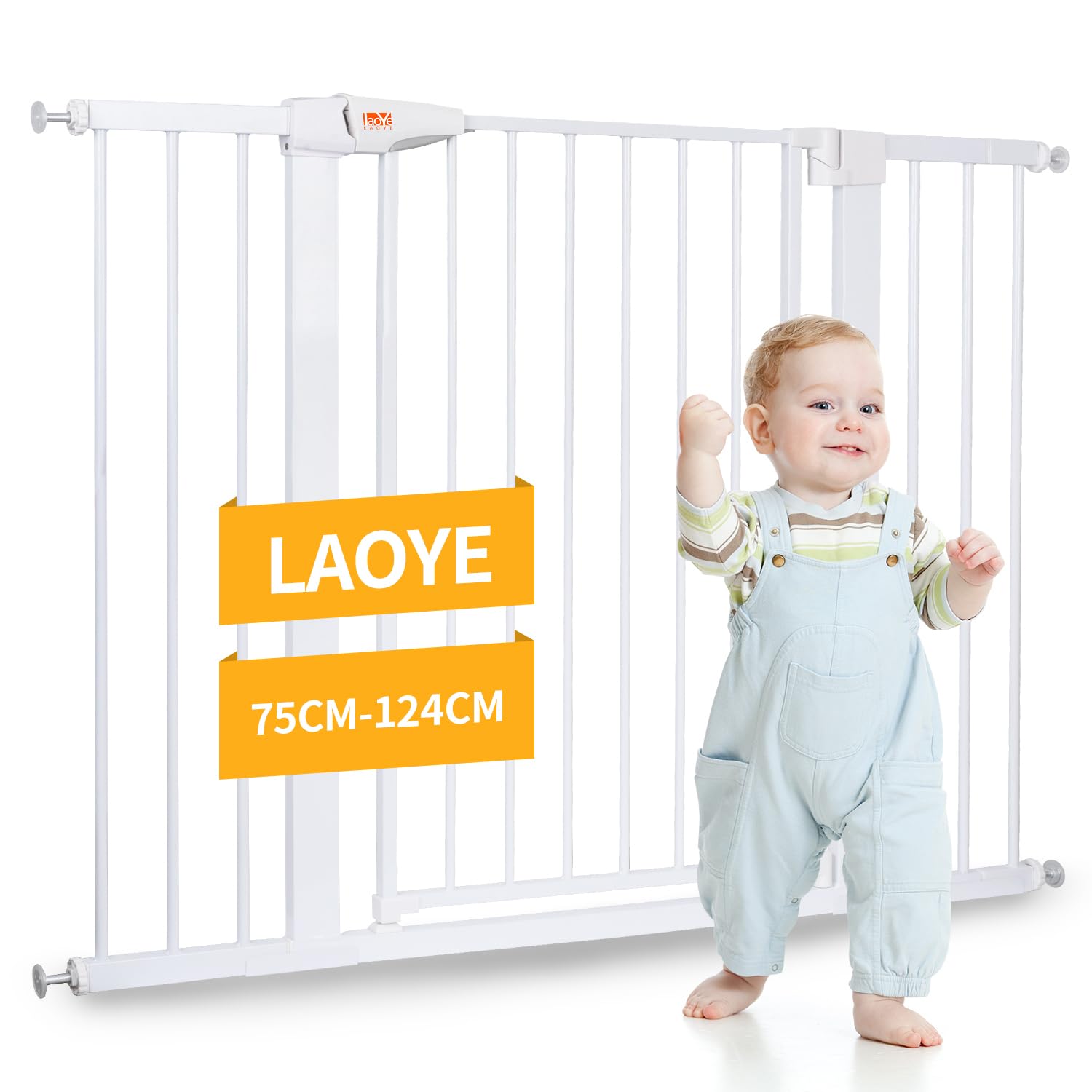 LAOYE cancelletto per bambini, Cancelletto per scale senza trapano, altezza extra alta 92 cm, larghezza 75-124 cm con 3 estensioni, per bambini, cani gatti, chiusura automatica arresto a 90°-Bianco