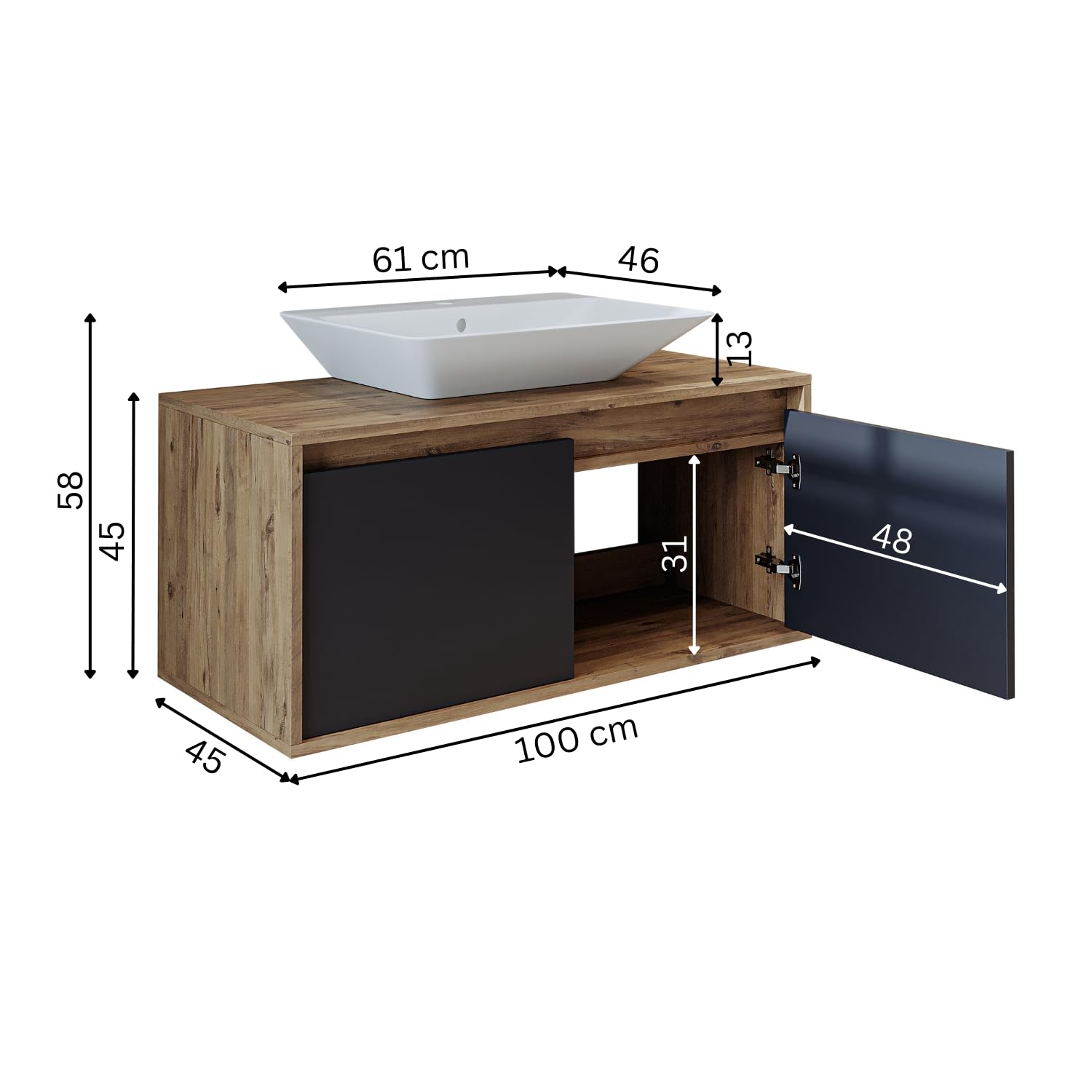 ROOMART • Badezimmermöbel Set • Atlantic • 4 Teilig Badezimmerschrank • 100 cm Unterschrank mit Keramikwaschbecken • Spiegelschrank • Hochscrank (Anthrazit Eiche, Waschbecken mit Unterschrank)
