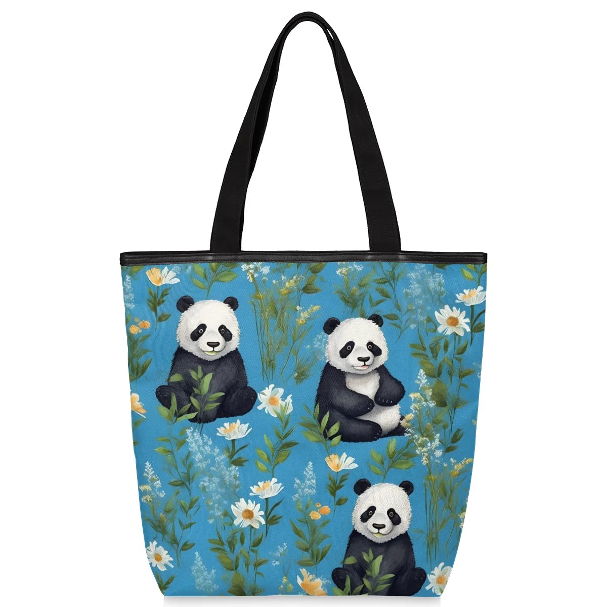 Mularoka Pandas Flowers Watercolor Canvas Tote Bag with Zipper and Pockets Canvas Tote Shopping Bag Women Reusable Grocery Bag for Beach Travel Gym Shopping