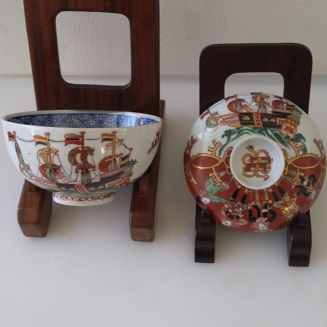 NO.14伊萬里色絵蘭人蘭船図蓋付茶碗五客