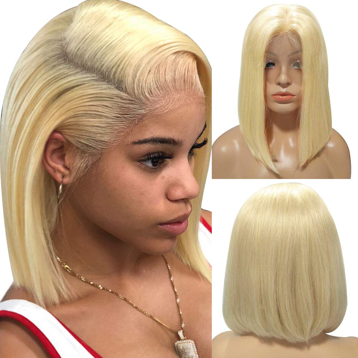 Long Straight Bob Lace Front Wigs Human Hair Short Cut Blonde Bob Wig Remy Hair Wig with Full Ends 13x4 Middle Part 13x4 Frontal 613 Lace Wig 150% Density 16inch