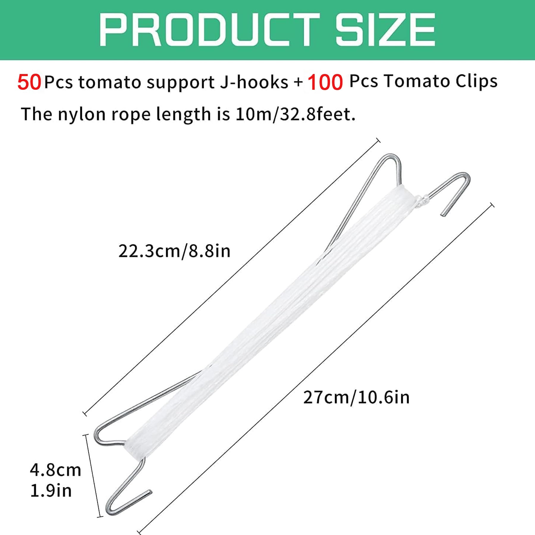 YeahBoom Crochet de Support de Tomate,50 Pièces Crochet de Tomates de Jardint avec 10m de Corde et 100 Pièces Clips de Support,Crochet De Tomate De Jardin,Tomate Crochets,Support à Tomate