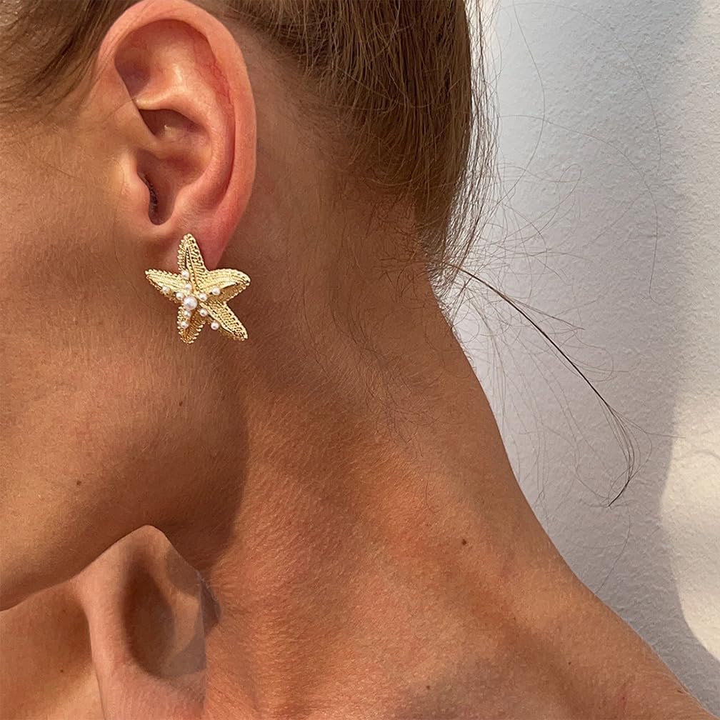 Large Starfish Gold Earrings for Women Boho Big Oversized Sea Star Pearl Dangle Statement Earring Mermaid Beach Ocean Holiday Jewelry Accessories - Image 4