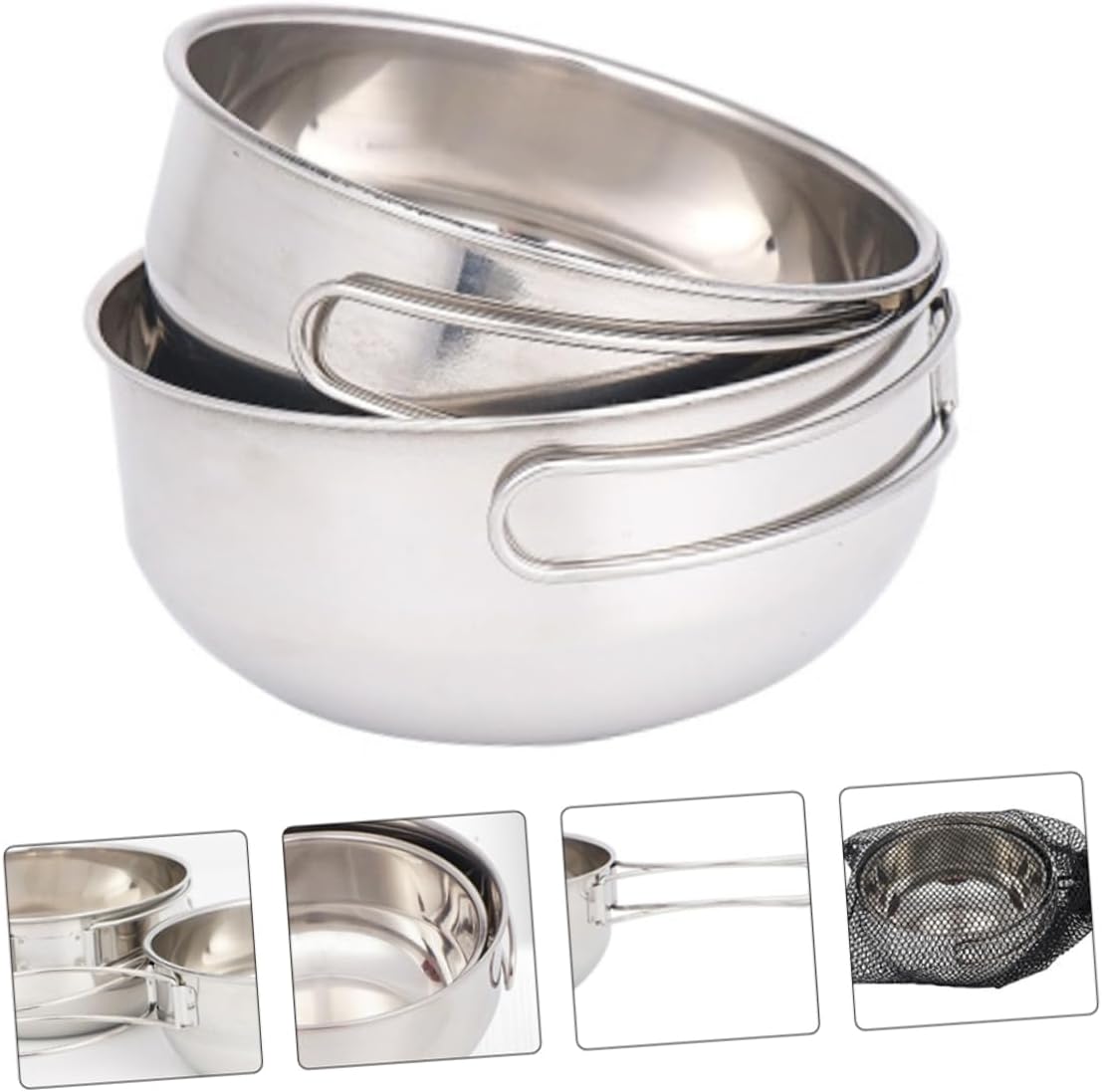 Kisangel 3Pcs Stainless Steel Camping Tableware with Folding Handle Bowls and Mesh Storage Bag Lightweight Portable Cooking Bowls for Hiking Picnic Bbq and Outdoor Activities Rust Resistant