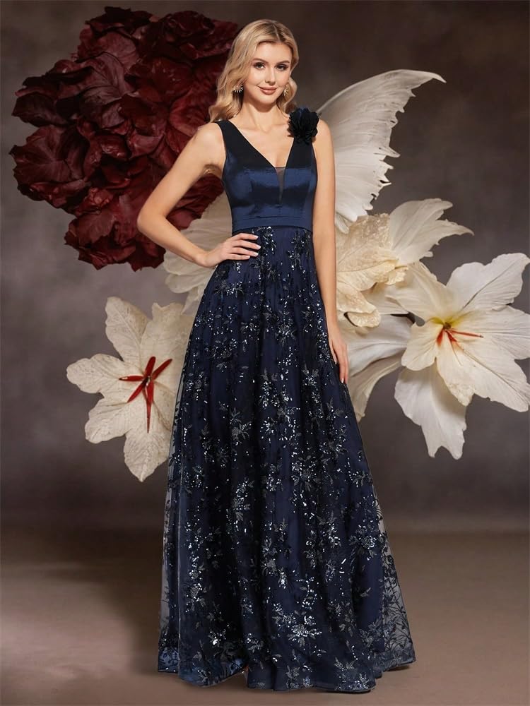 Vestido de Graduación para Mujeres Elegante Vestido de Noche con Escote en V y Flores Doradas, Largo de Gasa sin Mangas for Mujer, Vestido de Fiesta, Vestido de cóctel de graduación(Blue,S)