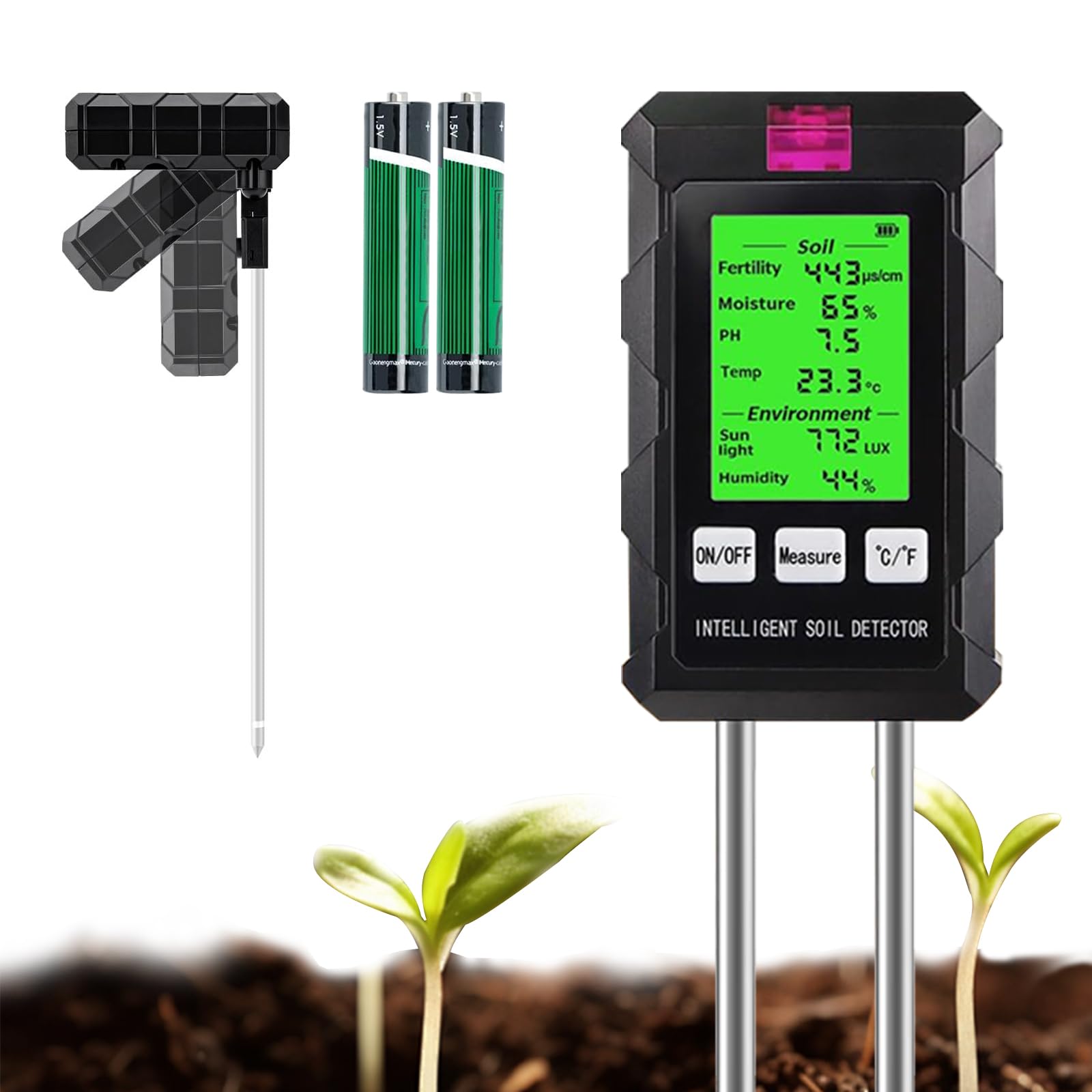 Medidor de Suelo 6 en 1, Medidor de Fertilidad del Suelo, Humedad, PH, Temperatura, Luz Solar y Humedad Ambiental, para Jardinería, Granja, Césped y Plantas en Macetas