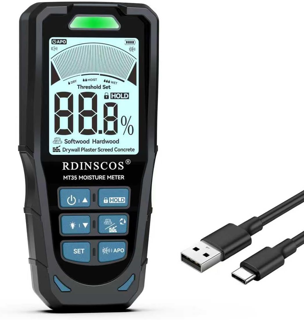 RDINSCOS Rechargeable Pinless Moisture Meter, 6-in-1 Damp Meter for Wall Wood Concrete Plaster Screed Logs, Non-Destructive Damp Tester Detector with Backlit LCD Screen, Audible & Visual Alarm (MT35)