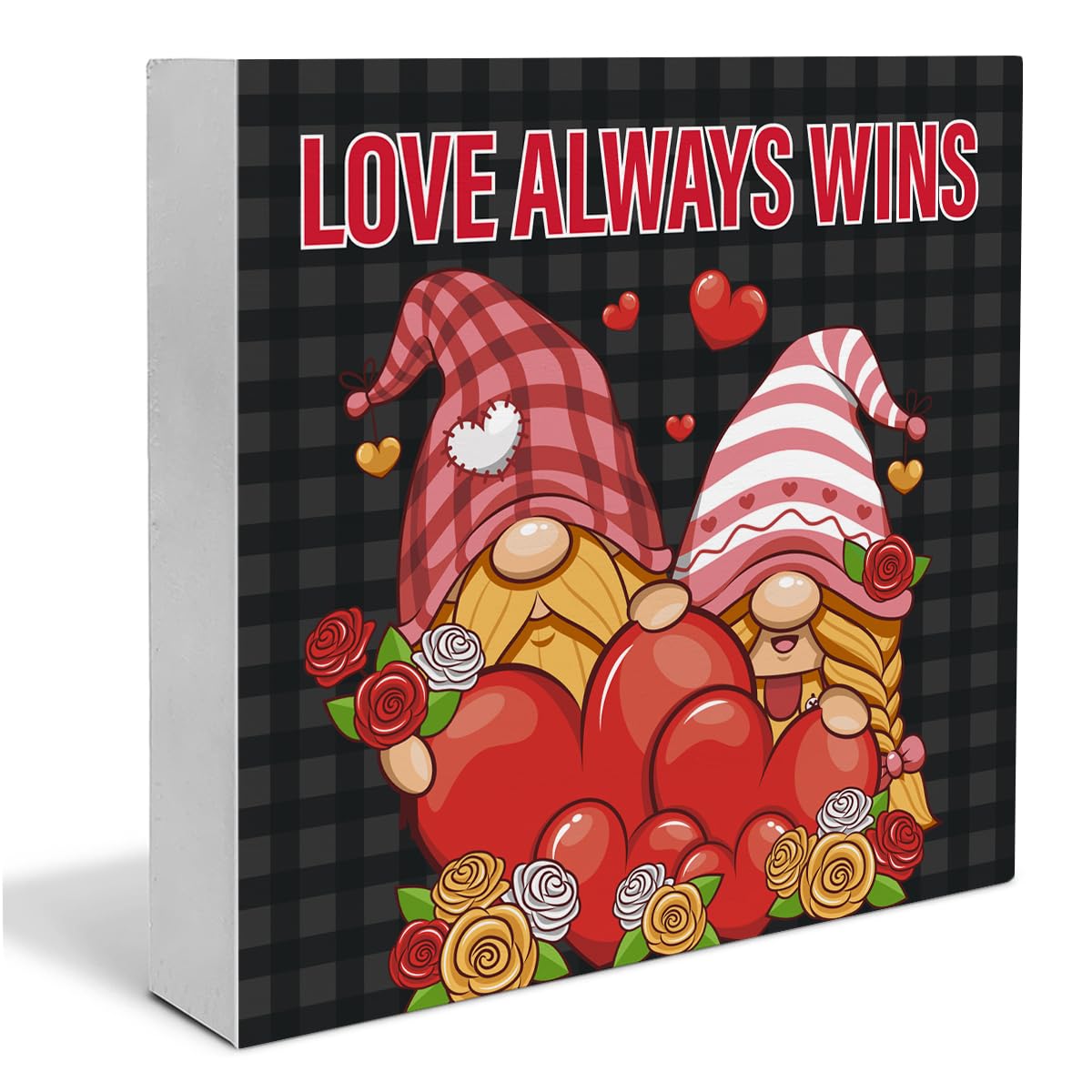 YXSEZ Valentines Decor Valentines Day Decor Romantic Love Always Wins Quote Valentine Gnomes Wooden Sign Valentines Day Decorations Home Shelf Decor 5 x 5 Inches