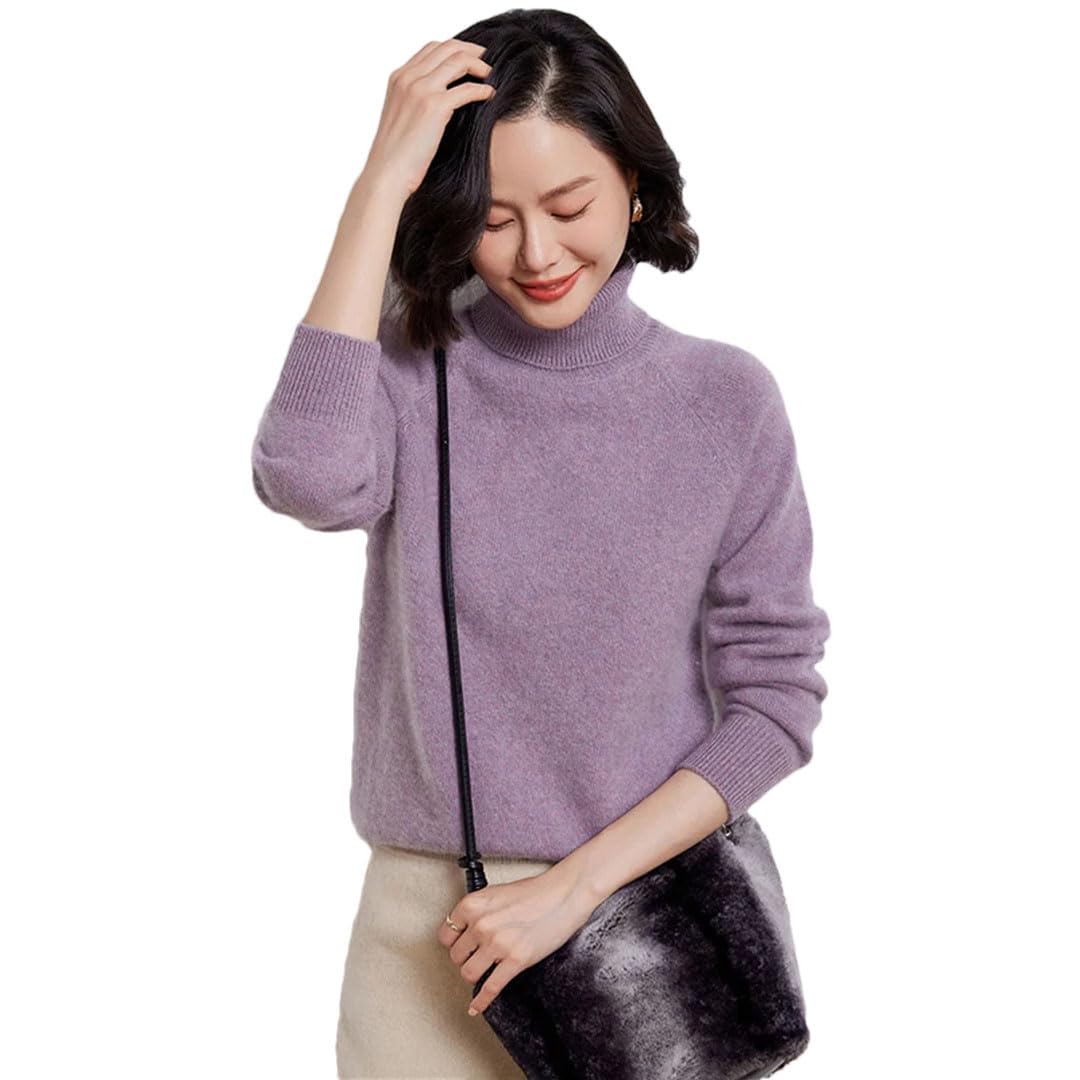 Maglioni da donna in lana tinta unita pullover a maglia spessa maglione a collo alto maglione a maniche lunghe camicie base in lana lavanda S, Lavanda, S