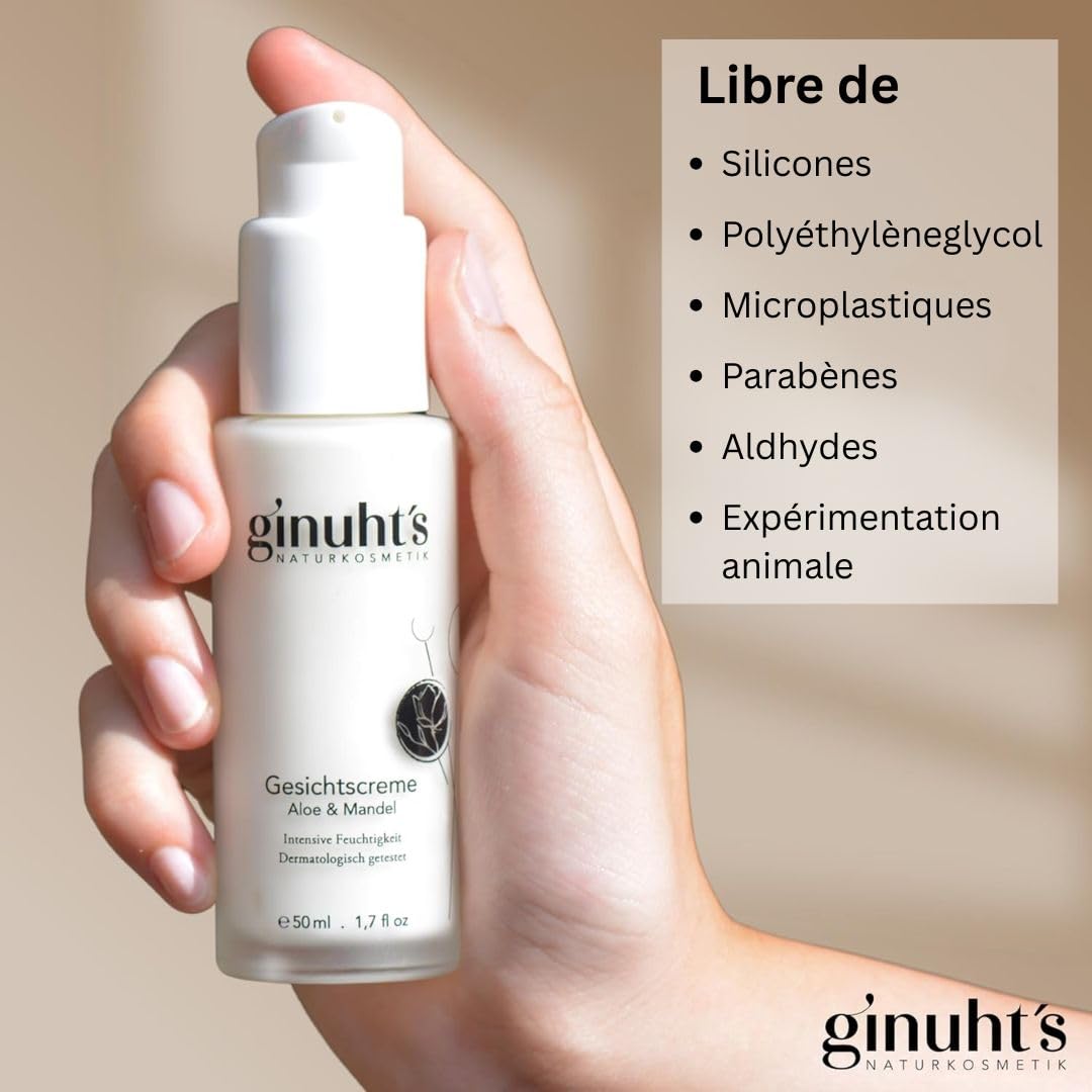 ginuht's NATURKOSMETIK Gesichtscreme 100% Bio für intensive Feuchtigkeit | Schnell einziehende Feuchtigkeitscreme für das Gesicht | Entzündungshemmende Tagescreme mit Aloe Vera & Mandelöl (50ml)