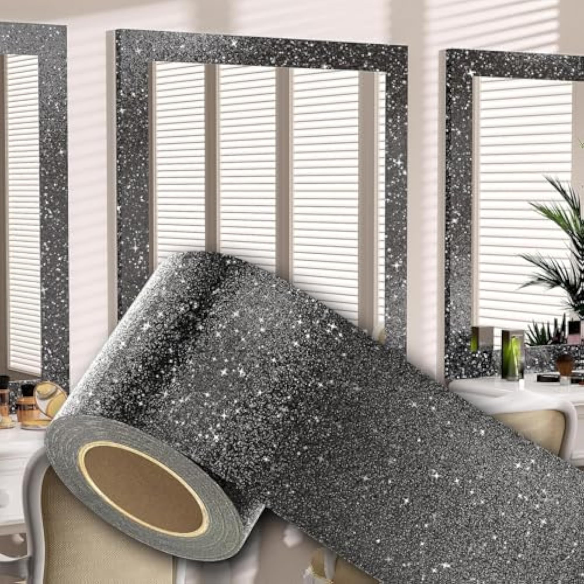 Black Glitter Peel & Stick Border Wallpaper, Waterproof Self Adhesive