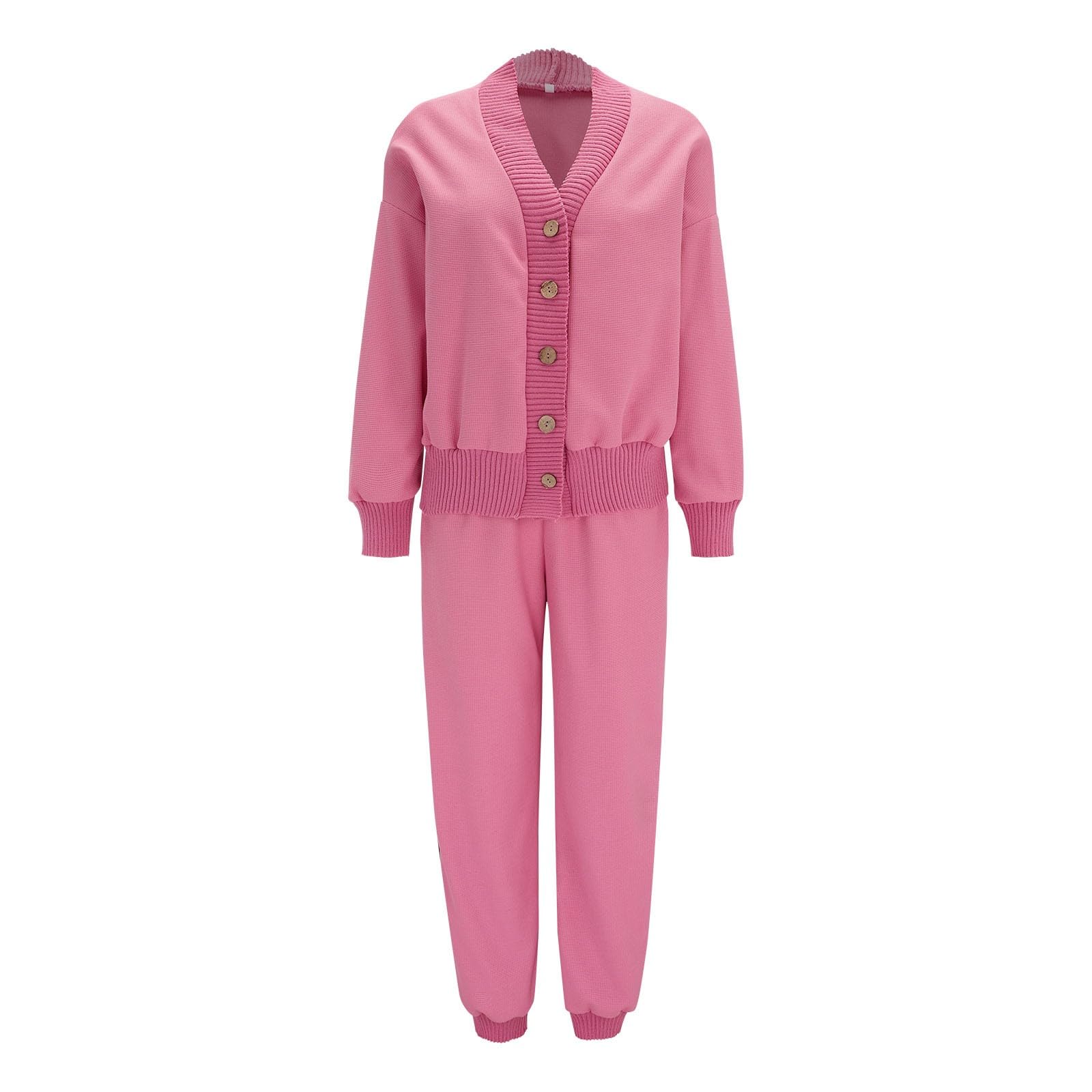 Homewear Ensemble de 2 pièces en tricot pour femme Coupe ample Taille S à | Survêtement pour femme - Pantalon surdimensionné - Col en V - Combinaison de loisirs avec boutons - Veste de transition unie