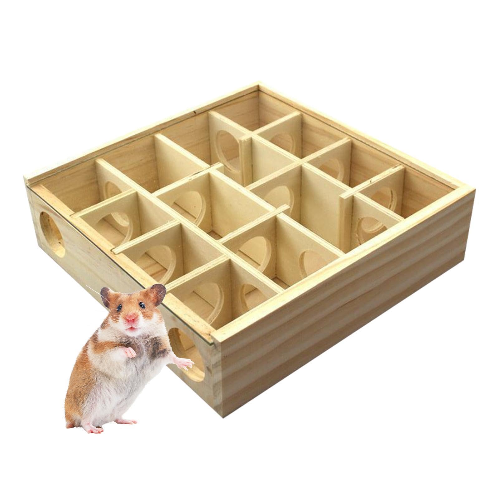 Hamster Maze Toy,Natural Wooden Small Pet Toy Interactive Natural Wood Hamster Toys Gerbil Maze with Glass Cover