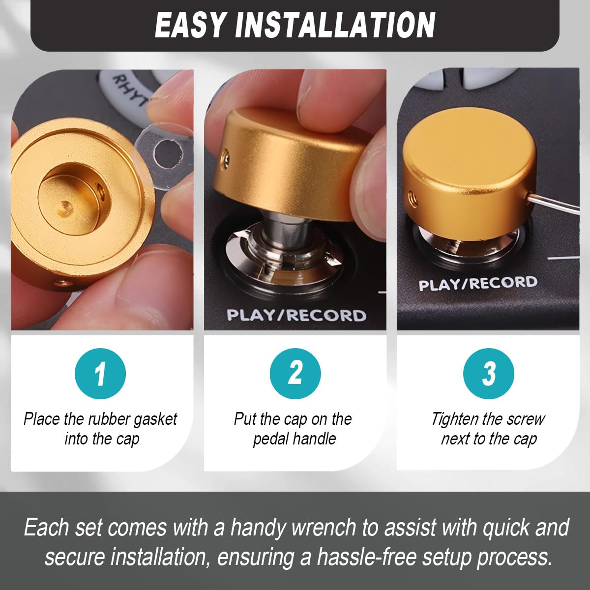 6 pièces Guitar Pedal Footswitch Toppers, 6 Capuchons en alliage d'aluminium pour les pédales d'effets de guitare et de basse, avec pic de guitare