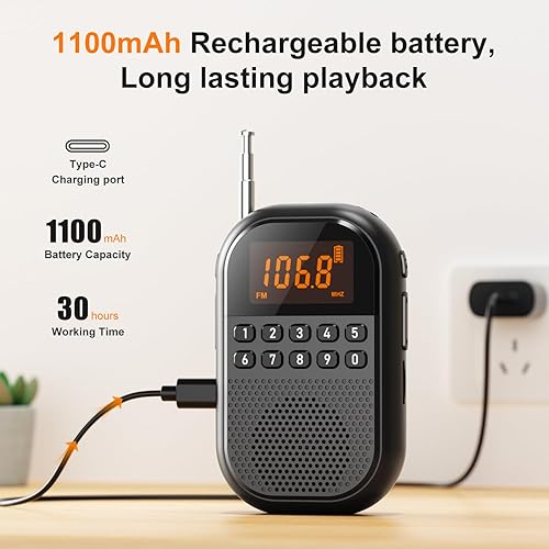 Miniatura 3 de Radio AM FM de bolsillo radio recargable de 1100 mAh compatible con Bluetooth, mini receptor FM AM con altavoz grande, auriculares estéreo,