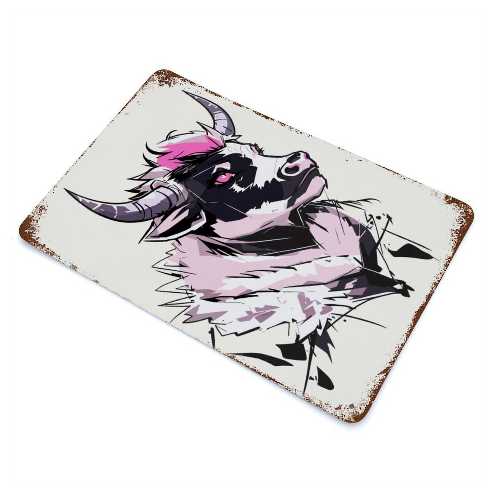 Rust Effect Tin Sign Pink Bull Illustration 11.8"x7.9", Vintage Wall Decor for Living Room, Hallway And Home Decor