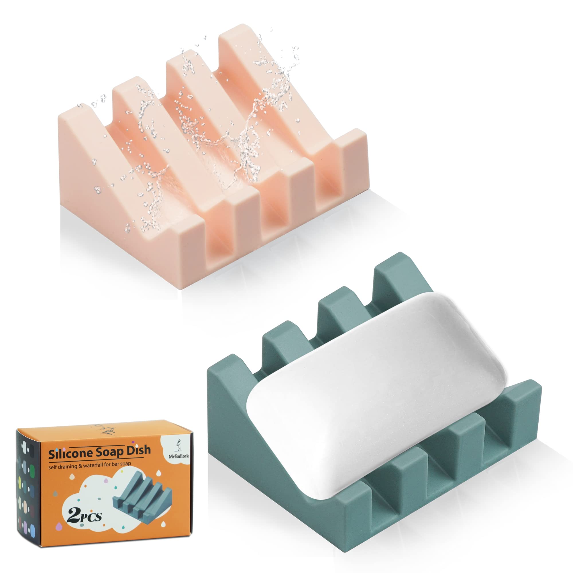 Jabonera de silicona con drenaje, jabonera para ducha, barra de cascada, bandeja con protector de jabón de drenaje para accesorios de baño y cocina (rosa y verde, 2)