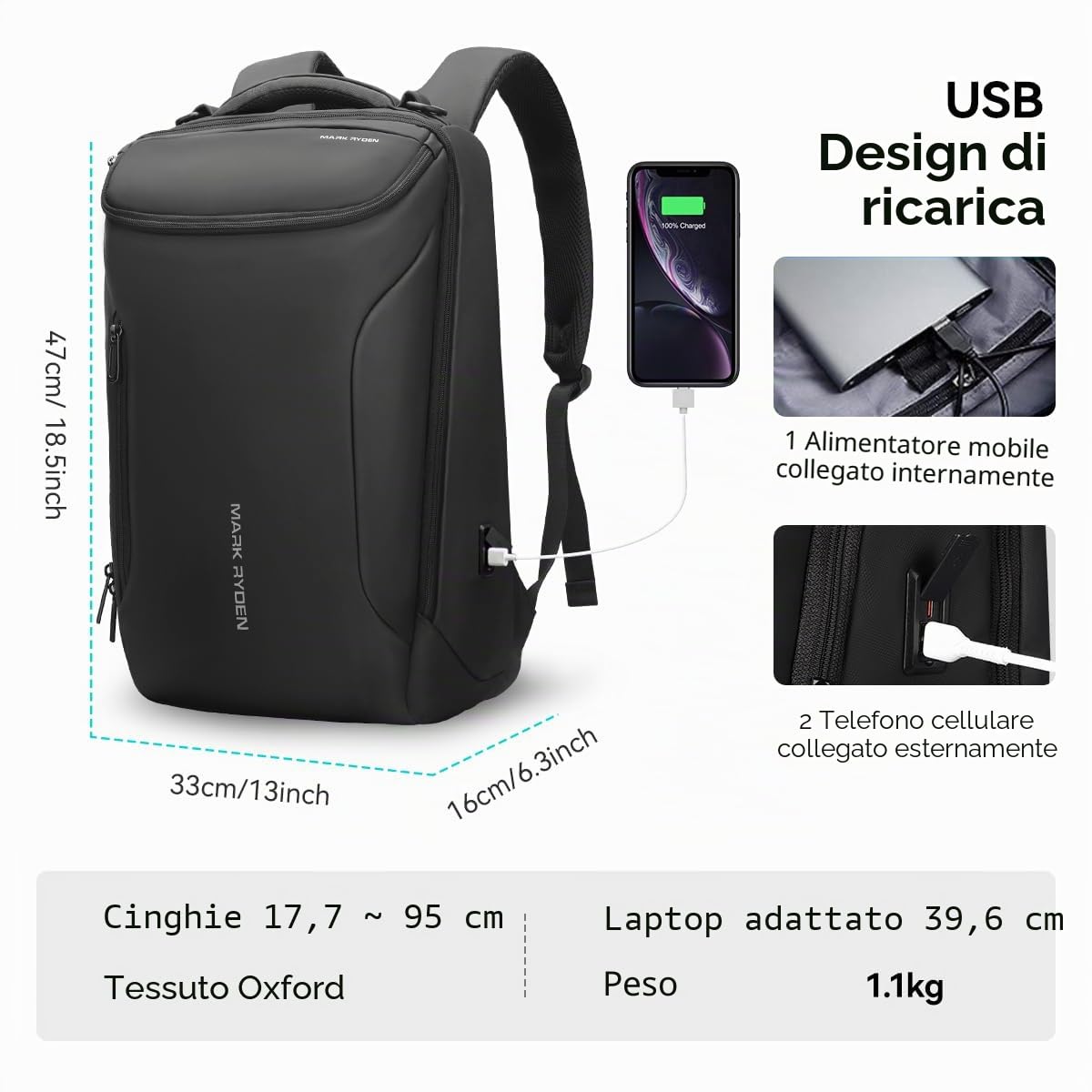 MARK RYDEN Zaino Grande capacità e impermeabile per gli uomini d'affari con porta di ricarica USB per i viaggi scolastici pack escursionismo per laptop sotto i 17,3 pollici