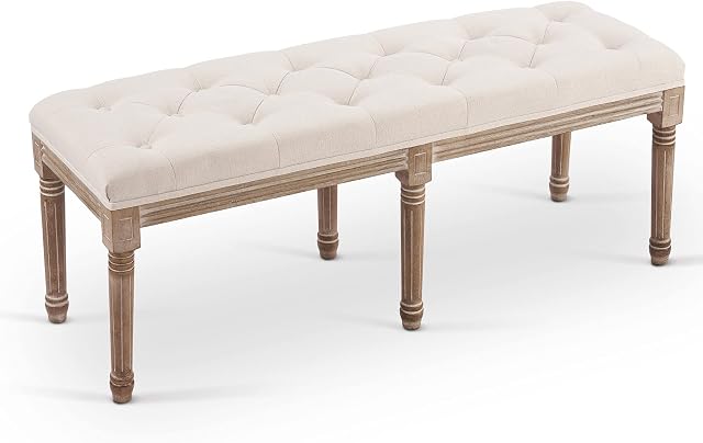 VONLUCE 122cm Long Vintage Upholstered Bench with Padded Seat | Tufted Entryway Bench Dining Bench Seat & Footstool | French Rustic Ottoman Bench for Bedroom Living Room Hallway More, Beige