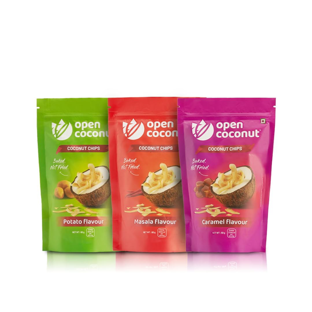 Open Coconut Variety Pack – 90 gm Each Potato, Masala, and Caramel Baked Coconut Chips with MCT Oil | Assorted Flavours | Snacks for Adults and Kids | Vegan | Fresh and Delicious