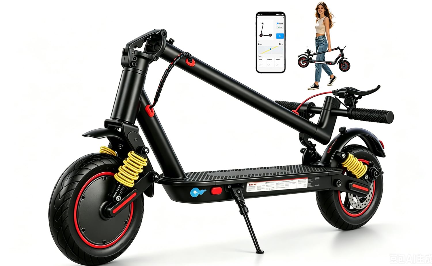 10 Pollici Monopattino Elettrico Adulti, Autonomia 30 km, Velocità Massima 25 km/h, Doppia Sospensione, Doppi Freni a Disco Anteriori e Posteriori, 3 Velocità, Design Pieghevole, Display LED, App–IPX5