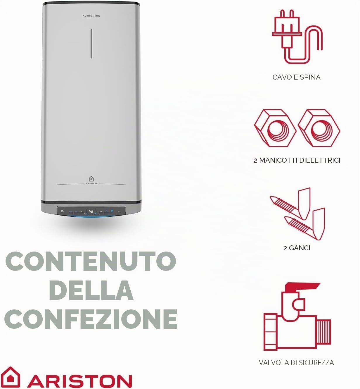 Ariston, Velis Tech Dry Wifi - Scaldabagno elettrico multiposizione, termico elettrico, 50 litri, con Wifi e funzione ECO-EVO 79,7 x 27,5 x 51,5 cm, per installazione in Spagna (classe energetica B)