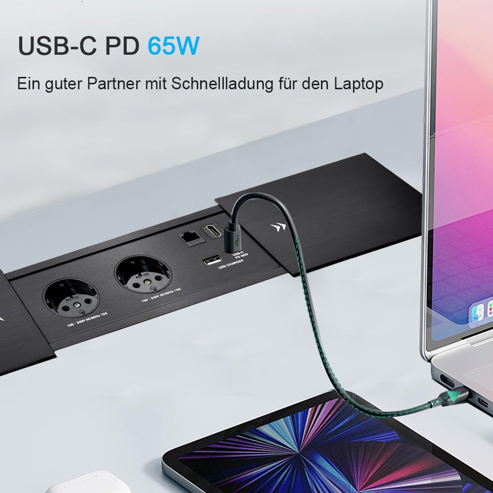 Versenkbare Steckdose mit USB c 65W Konnektivität Box Konferenztisch Power Box mit 2 Steckdosen+ 1 USB-A+C 65W Ladegerät+1 CAT6+ 1 HDMI/USB-C Daten(Schwarz) (Sliding)