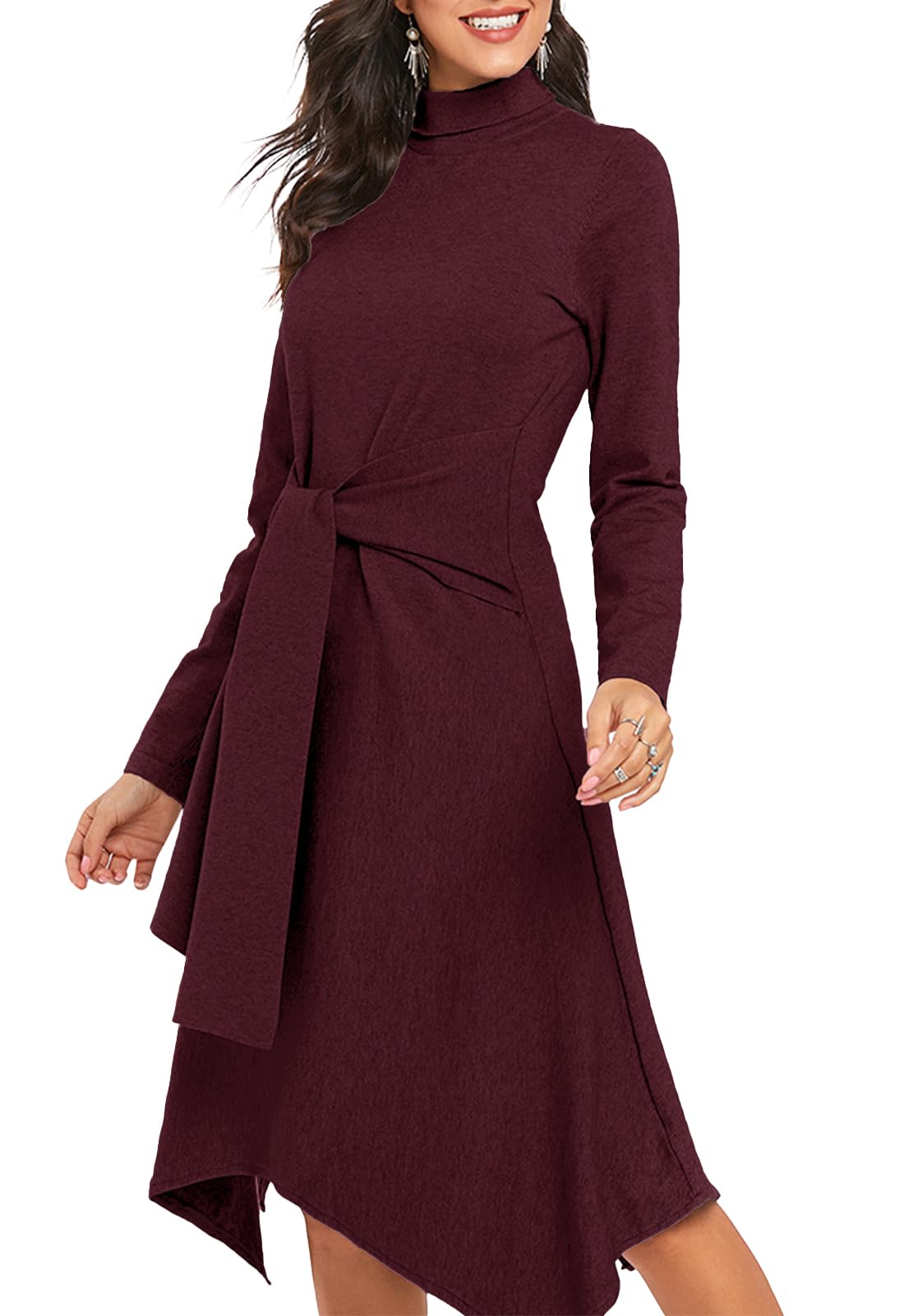 JayscreateEU Abito da donna in maglia per l'autunno, l'inverno, l'autunno, l'autunno, l'autunno, l'autunno, il vestito midi con collo alto, a maniche lunghe, con cintura, abito caldo ad A