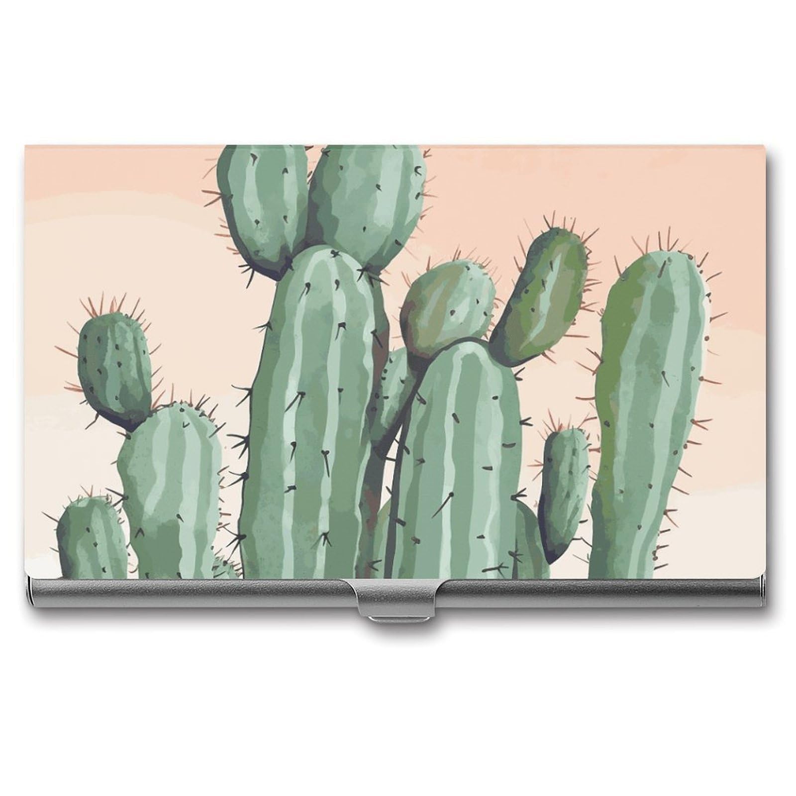 BTCOWZRV Watercolor Green Cactus Business Card Holder Metal Slim Business Card Case, Pocket Card Holder for Men Women Purse Name Card Holder Stainless Steel Wallet Credit ID Case for Office