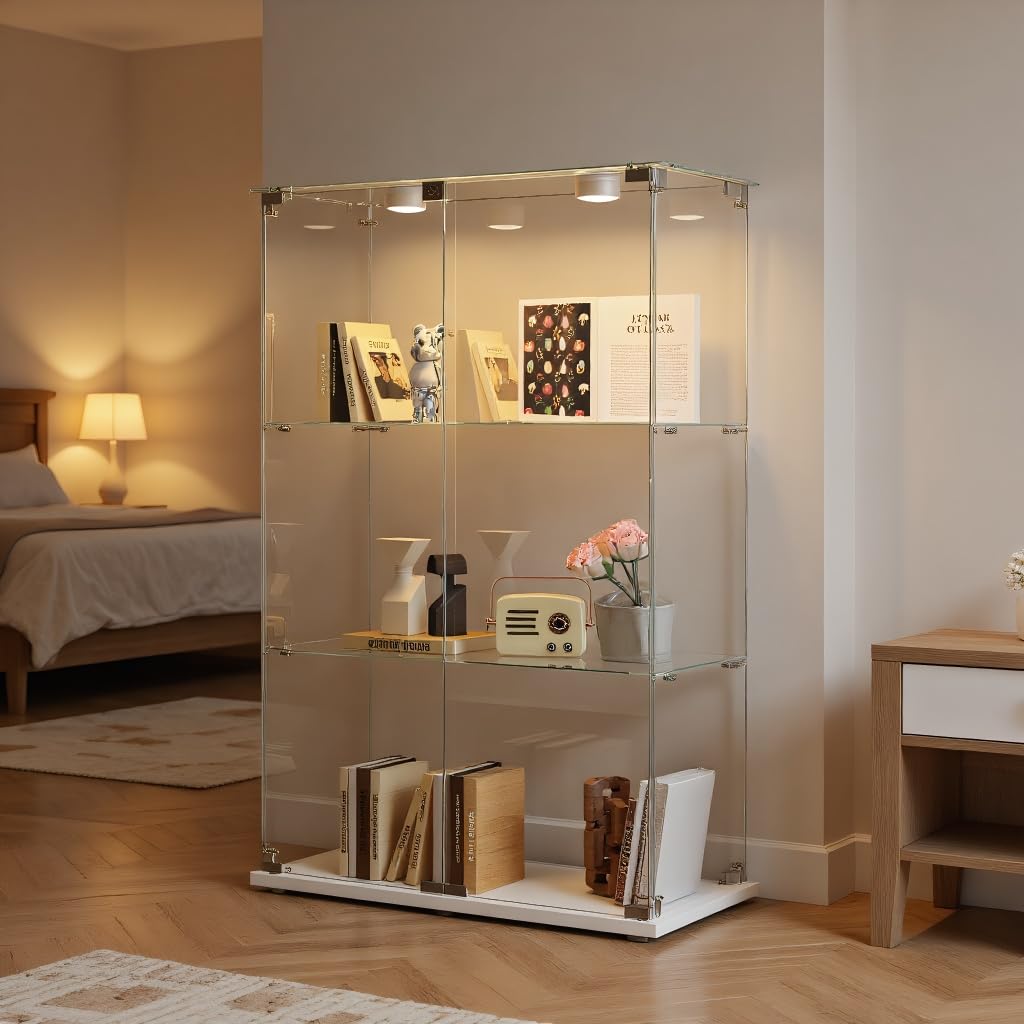 Vetrina in vetro con luci a LED, armadio EE, 3 ripiani e 2 porte, per collezione, camera da letto, soggiorno e sala da pranzo, 123 x 78,5 x 35 cm