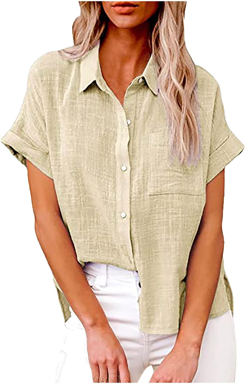 SMIDOWWomens Cotton Linen Tops Dressy Casual Loose Short Sleeve Button Down Shirts Business Work Office Tshirt Blouses