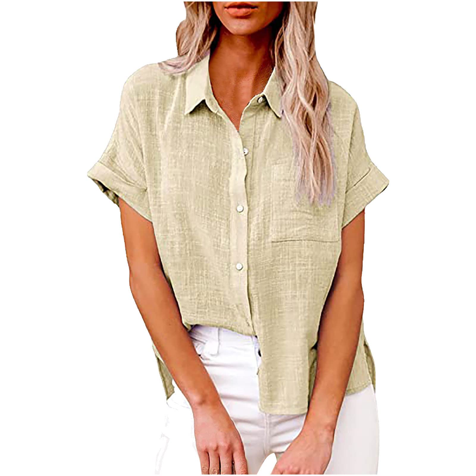 SMIDOWWomens Cotton Linen Tops Dressy Casual Loose Short Sleeve Button Down Shirts Business Work Office Tshirt Blouses