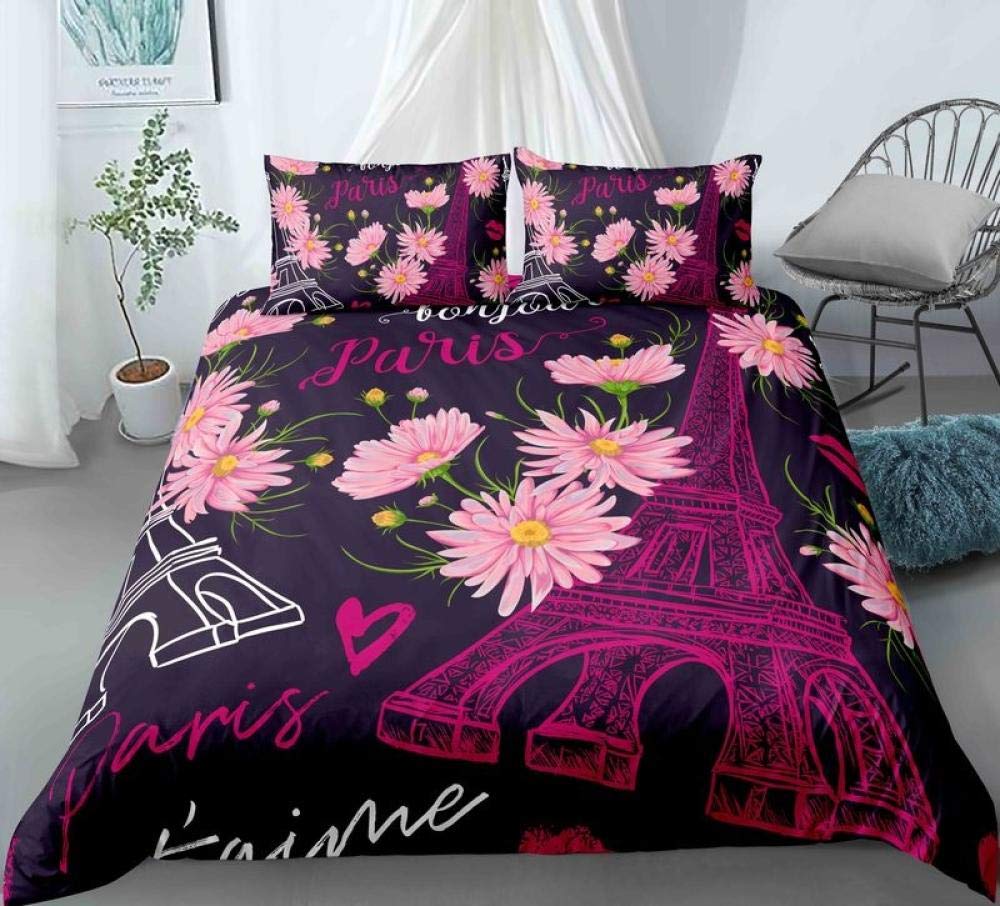 bedding seKing：95 inch x 86.7 inch duvet cover sets, Black Red White Eiffel Tower Chrysanthemum Duvet Cover Set Double, 3 Piece Print Bedding Set Print Duvet Set.1 Quilt Cover with 2 Pillowcases
