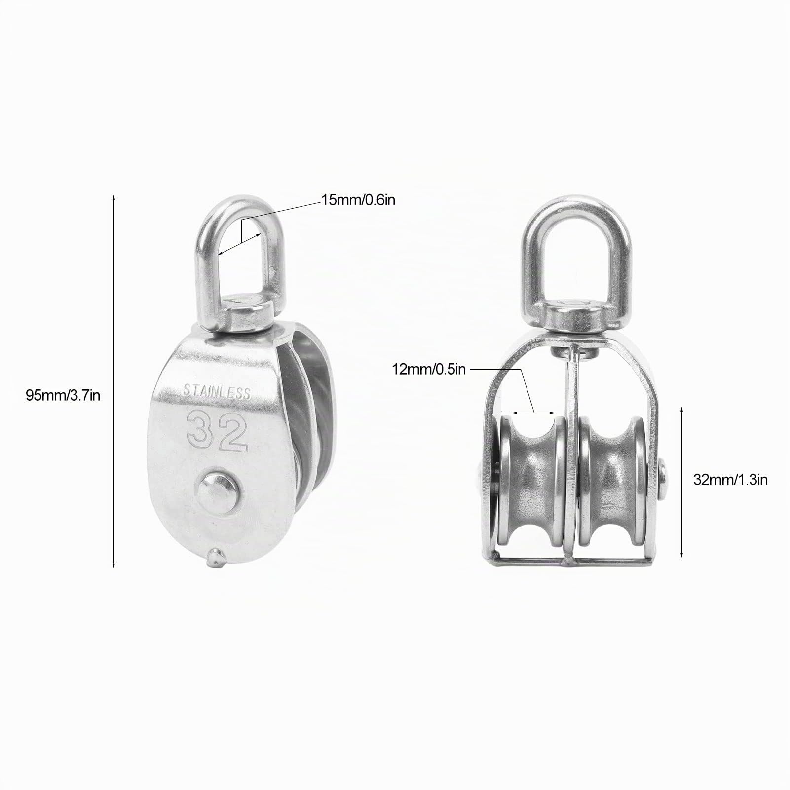 Bloc de Poulie Double 2 Pièces, Bloc de Poulie de Câble M32 Poulie de Rotation à 360 Degrés en Acier Inoxydable pour le Levage de Câble