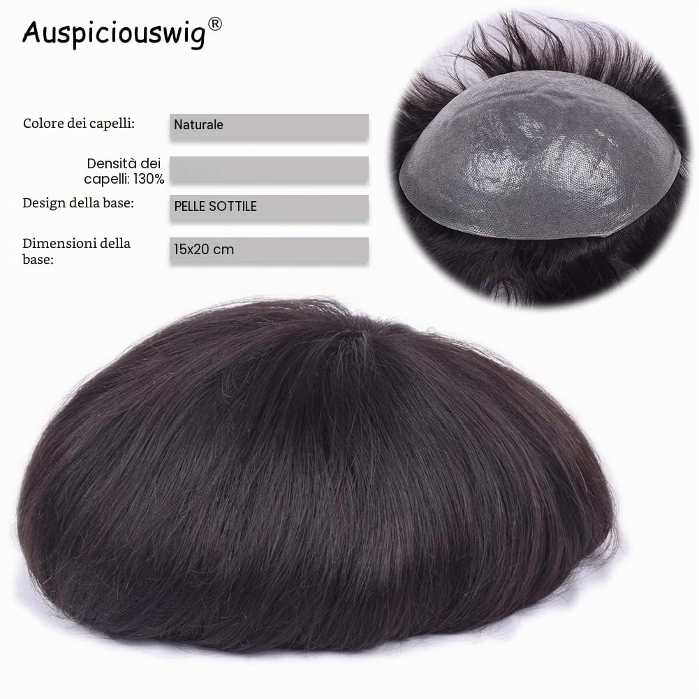 Human Hair Men's Toupee Sistema di sostituzione dei capelli per la pelle sottile per uomo (6x8 inch, Natural Colour)
