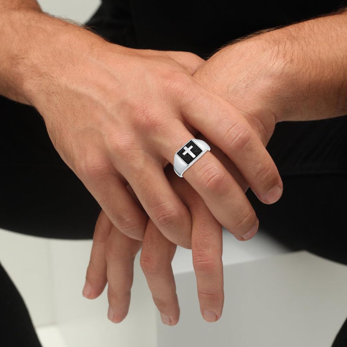 Anillo de sello de cruz para hombre, plata 925, anillo de cruz cristiana, joyería para papá y marido, talla 57-67