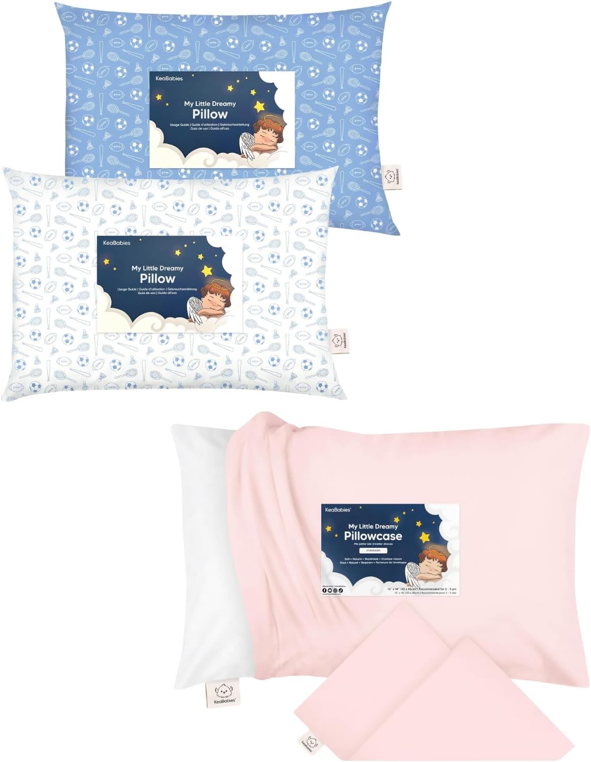 KeaBabies 2-Pack Toddler Pillow and Toddler Pillowcase for 13X18 Pillow - Soft Cotton Cushion for Sleeping Kids - Soft, Breathable and Cute Colored Kids Pillowcases