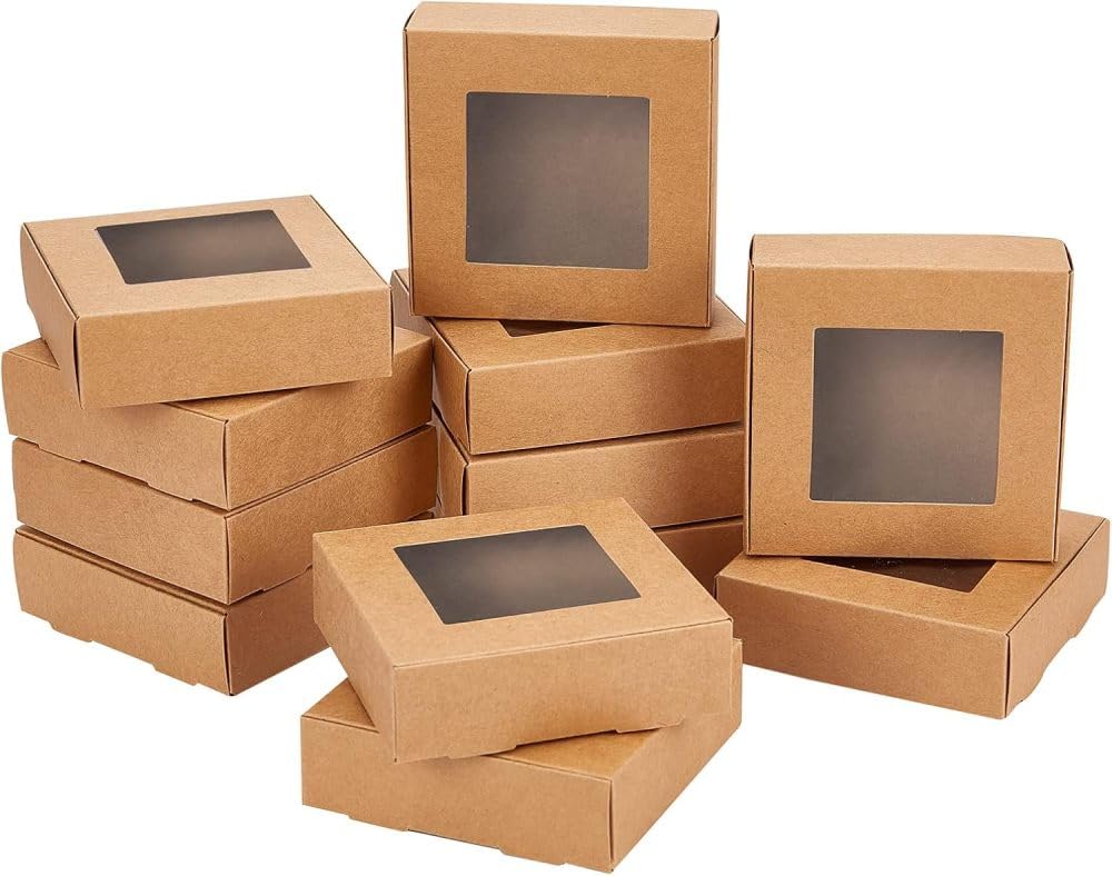 NBEADS 50 Pcs Camel Gift Box, 9.6x9.9x3.5cm Kraft Paper Boxes with Transparent Window for Party Treats Wedding Gifts, Jewellery Packaging