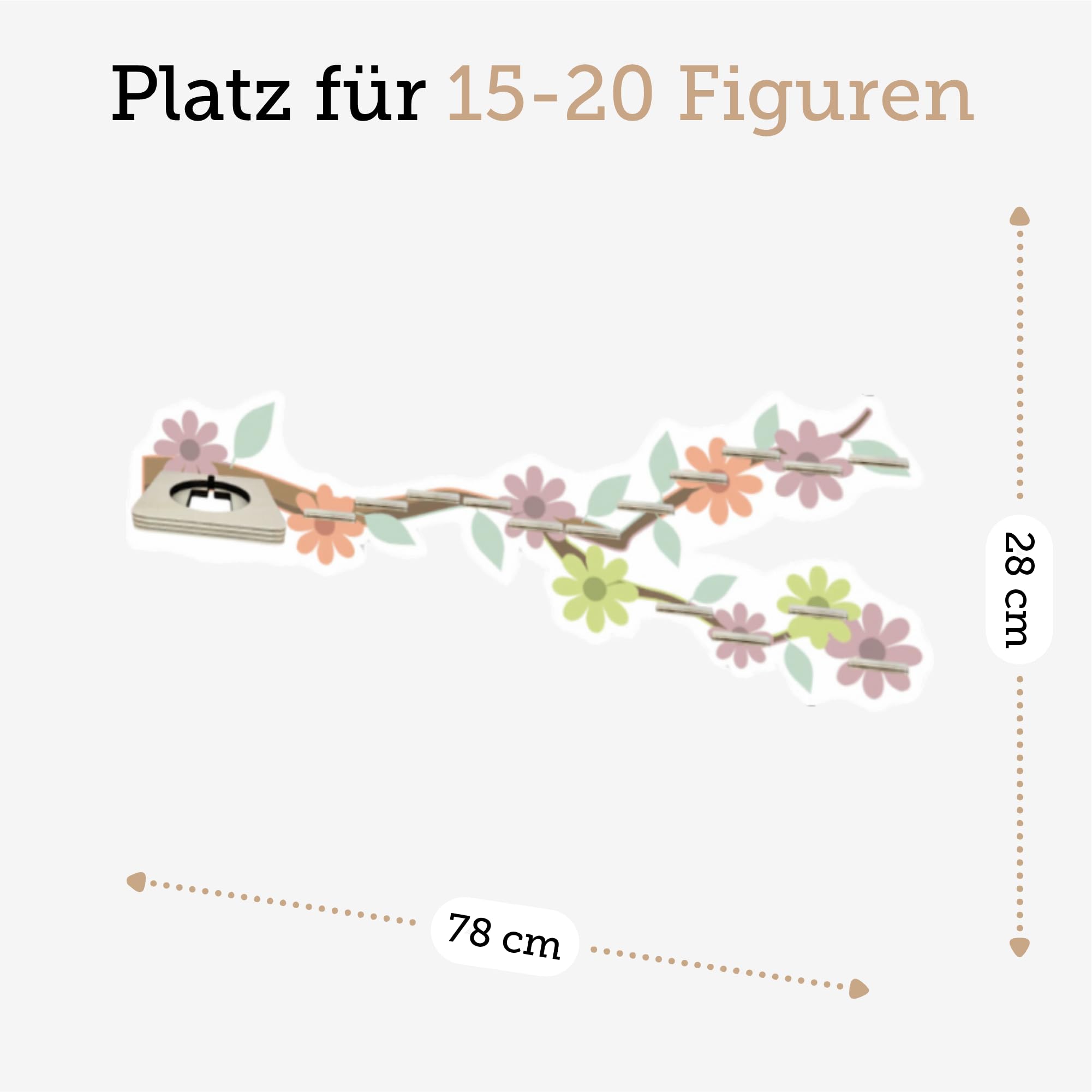 Farbklecks-Collection Musikboxregal Blumenast, Wandregal für bis zu 20 Hörfiguren, Maße 28 x 78 cm, mit speziellem Ablagefach kompatibel mit Toniebox, handgefertigt in Deutschland