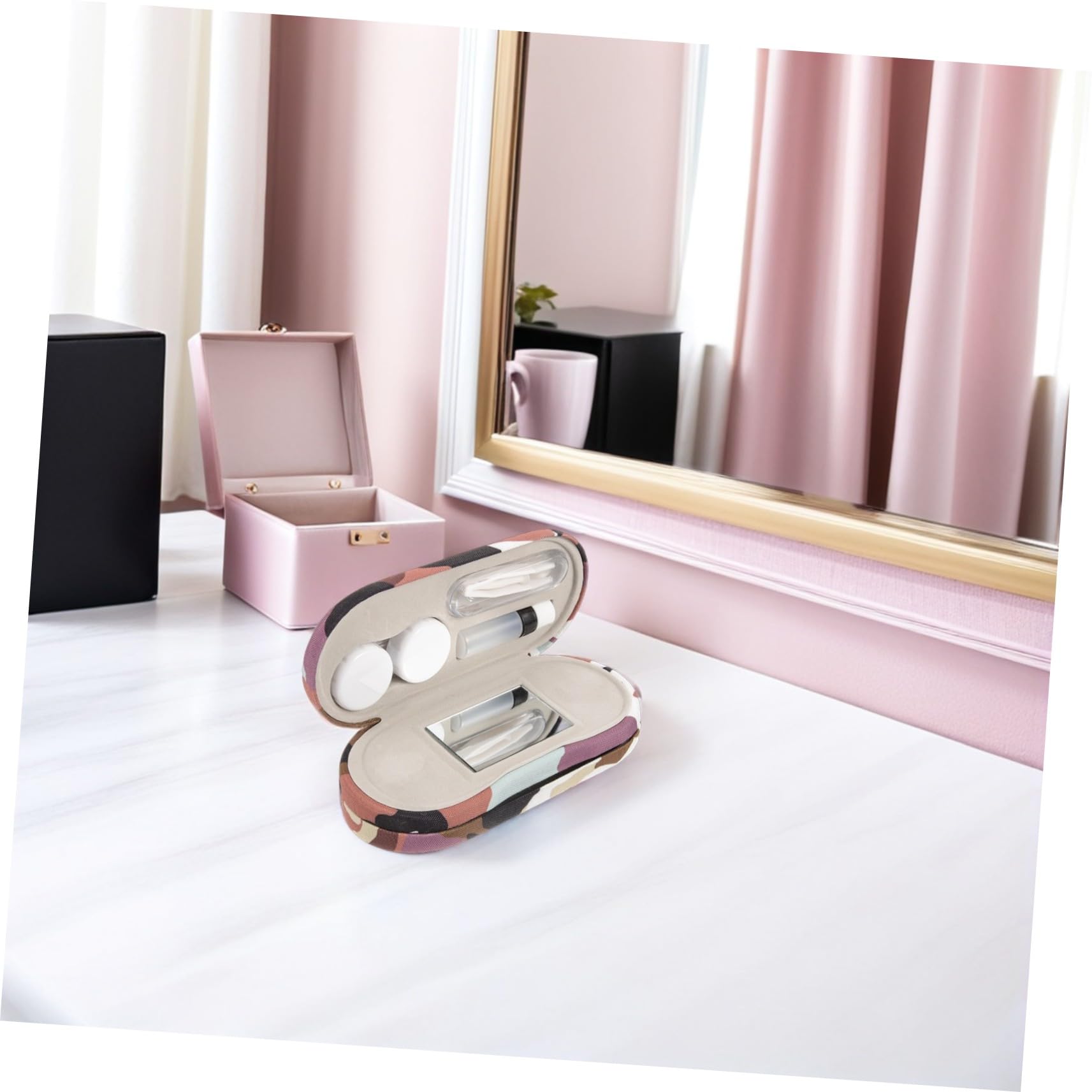 2 Sätze Doppelseitige Brillenbox mit Spiegel und Pinzette Robuster Handgefertigter Zweifach Unterteilter Organizer für Brillen und Kontaktlinsen Stoßfest Tragbar für Damen und