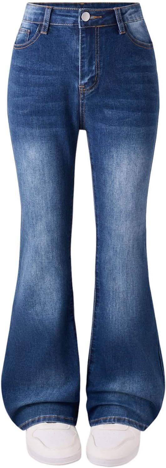Girls Jeans Bell Bottom Flare & Straight Leg Fit Elastic Waist with Pockets Kids Casual Denim Pants