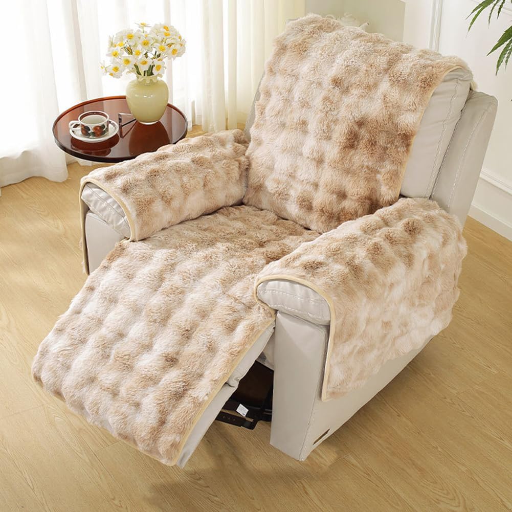 Fluffy Faux Fur Recliner Couch Chair Cover- Gradual Change Plush Non-Slip Slipcover, Lazy Boy Recliner Slipcover Covers Stay in Place Washable Furniture Protector Fits Reclining Sofa (Brown)