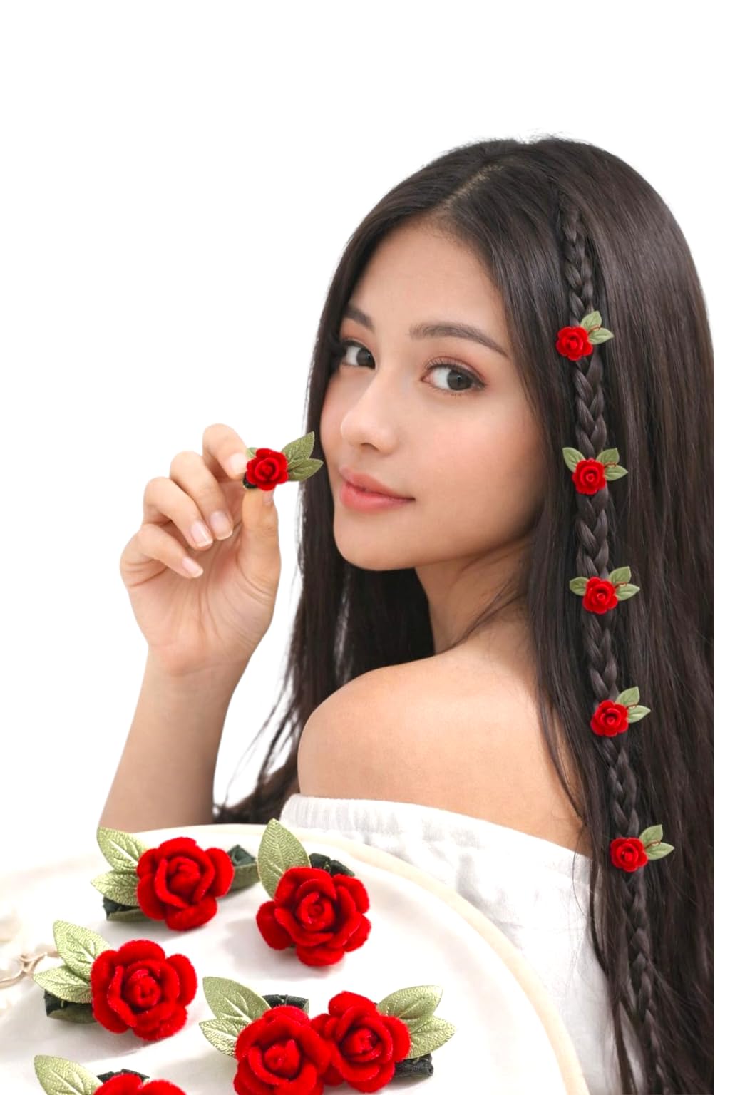 Small Velvet Rose Hair Pins with Green Lace Leaf, Red Floral Hair Accessories, Valentine's Day Hair Clips, Set of 5-image-16