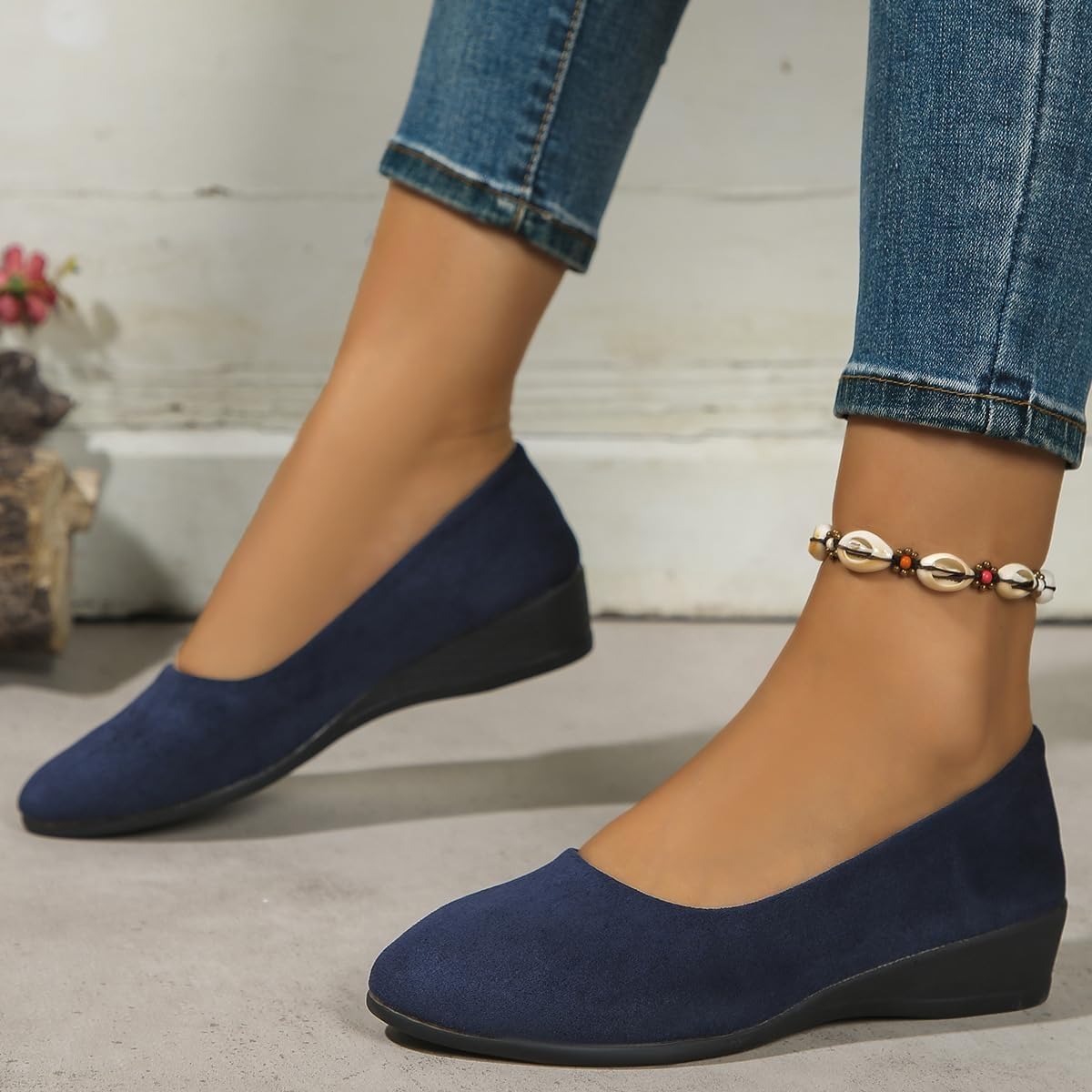 Zapatos de cuero ligeros para mujer, cómodos, con soporte de arco, de cuña, sin cordones, de tacón bajo, para el trabajo, bailarina, mocasines