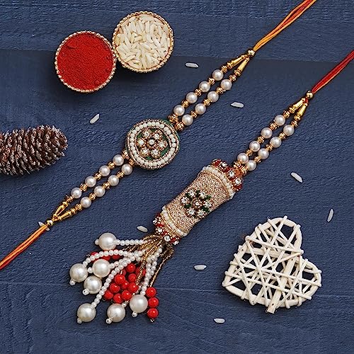 Image of eCraftIndia Diamonds, Pearls Floral Designer Bhaiya Bhabhi Rakhi Set with Roli Chawal Pack - for Brother, Bhaiya, Bhai - Lumba Rakhi for Bhabhi